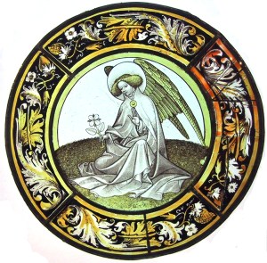 Cluny stainded glass angel with flower tondo